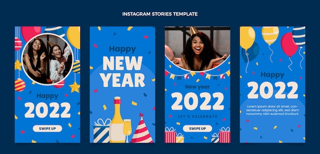 Vettore raccolta di storie di instagram di capodanno piatto