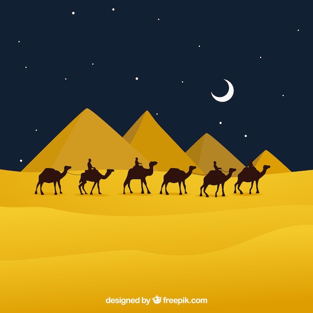 Flat night landscape with egyptian pyramids and caravan of camels