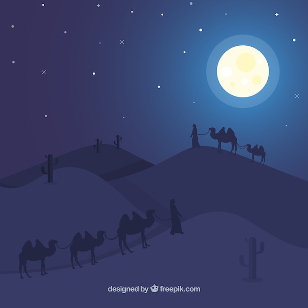 Flat night landscape with egyptian pyramids and caravan of camels