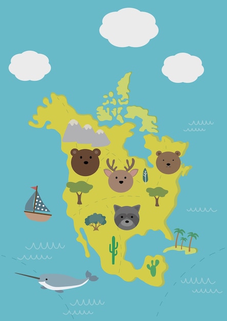 Flat North America flora and fauna map constructor elementsAnimals and sea life isolated on set