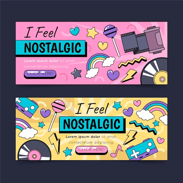 Flat nostalgic 90's banners set