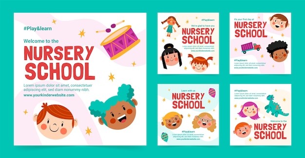 Vector flat nursery school instagram posts collection