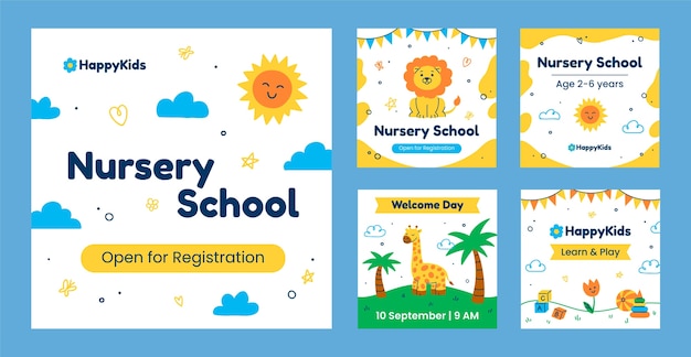 Vector flat nursery school instagram posts collection