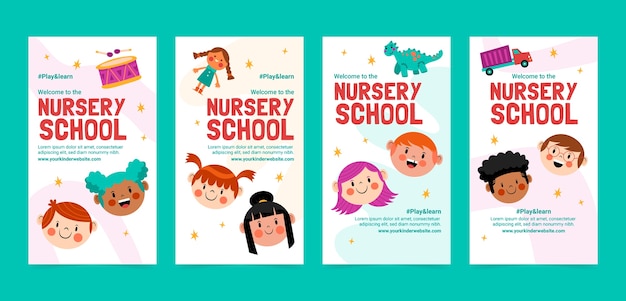 Vector flat nursery school instagram stories collection