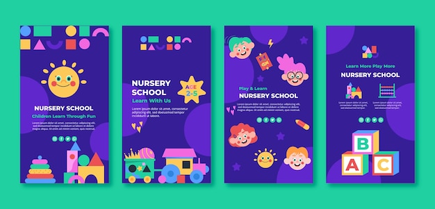 Vector flat nursery school instagram stories collection