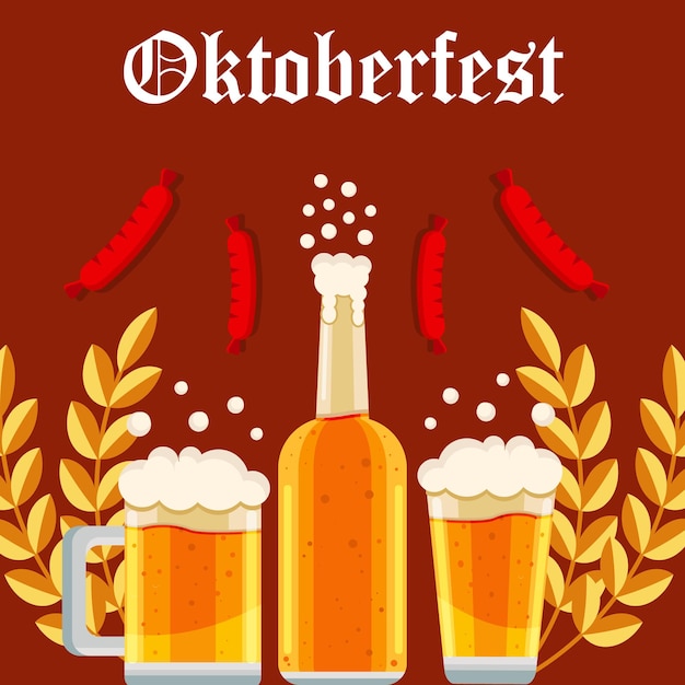 flat oktoberfest festival illustration with two glasses of beer bottle and sausage
