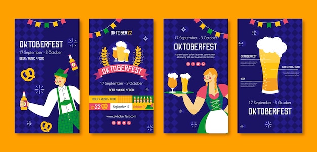 Vettore raccolta di storie instagram oktoberfest piatta