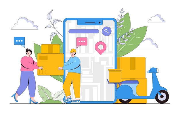 スマートフォンまたはモバイルアプリのコンセプトを備えたフラットオンライン配信サービススマートロジスティックランディングページウェブバナーインフォグラフィックヒーロー画像のアウトラインデザインスタイルの最小限のベクトルイラスト