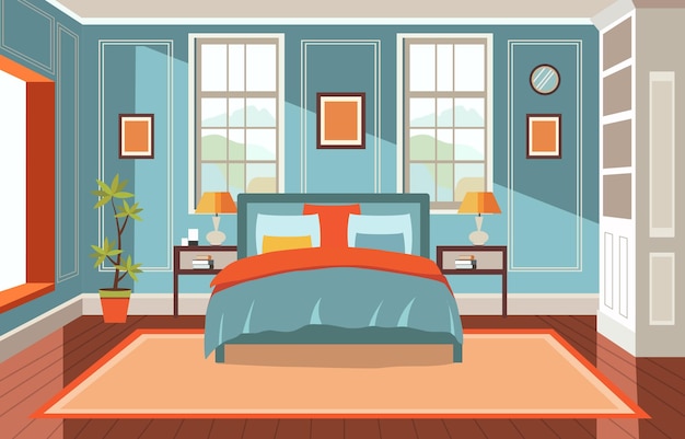 Vector flat ontwerp van slaapkamer met bed meubels raam in fancy huis