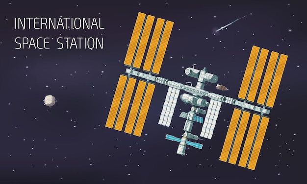 Vector flat orbital international space station illustration station in space near planet and comet illustration