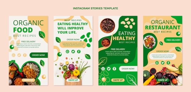 Vettore raccolta di storie di instagram di cibo biologico piatto