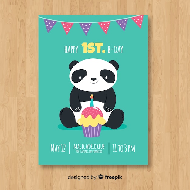 Vettore modello di carta di compleanno primo panda piatto