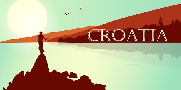 Vector flat panoramic landscape. background silhouette of croatia. silhouette of mountains and sea
