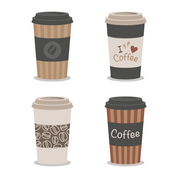 Vettore collezione di tazze da caffè da asporto in carta piatta amo il caffè