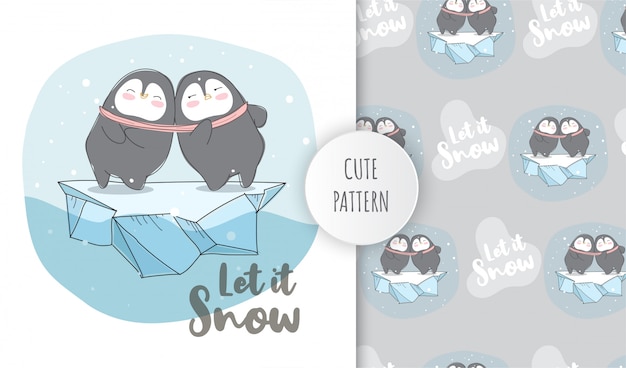 Flat pattern cute animal happy penguins on the ice