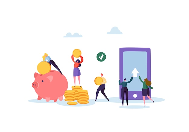 Flat People Characters Sending Money from Mobile Application on Smartphone