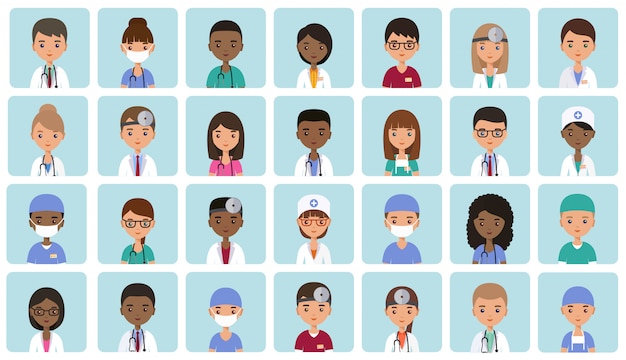 Vector flat people doctors, nurses and surgeons. animated avatars. faces medical characters. set icons.  illustration.  hospital staff. medicine .