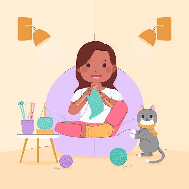 Flat people knitting illustration