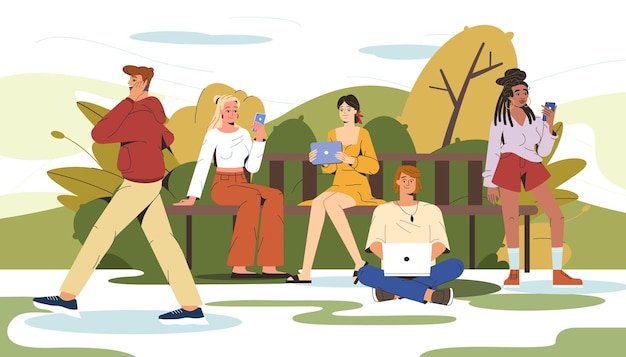 Vector flat people sitting on bench in city park and using gadgets