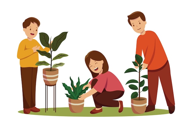 flat people taking care of plants set
