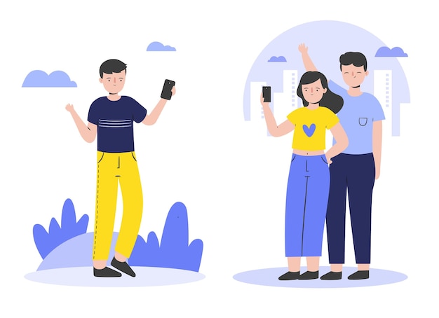 Vector flat people taking photos with smartphone