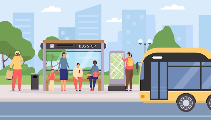 Vector 市の公共バス停で待っているフラットな人々。駅に座って立っている乗客、バスが到着。都市旅行輸送ベクトルの概念。地図、交通機関でルートを検索する女性