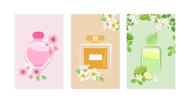 Vector flat perfume cologne ad template perfume bottles with flowers leaves branches and fruits