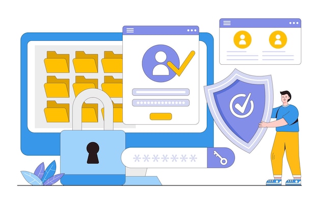 Плоский персональный пользователь киберпространства, безопасность данных, человек со щитом, входит в систему защиты, концепция управления доступом в Интернет Набросок иллюстрации стиля дизайна для целевой страницы, веб-баннер, инфографика, изображения героев