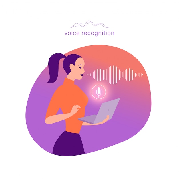 Vector flat personal online assistant illustration. office girl with laptop microphone dynamic icon, sound waves. ui, ux, mobile app, web site concept for voice recognition landing page design.