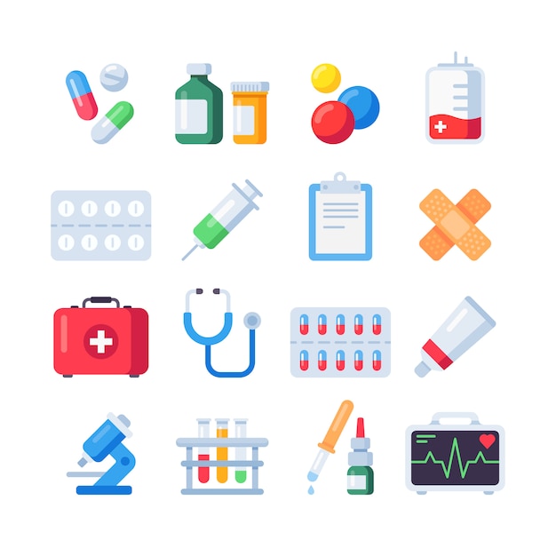 Vector flat pill icons, medication dose of drug for treatment