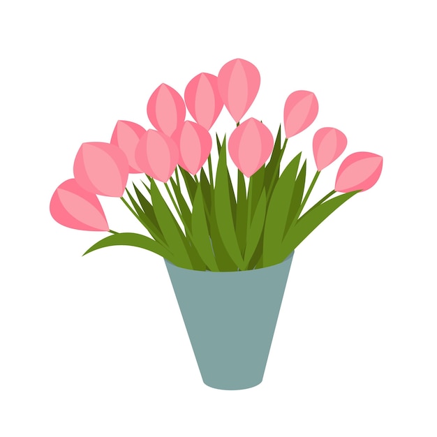 花瓶のベクトル図に平らなピンクのチューリップの花束 分離された灰色の花瓶にピンクのチューリップ