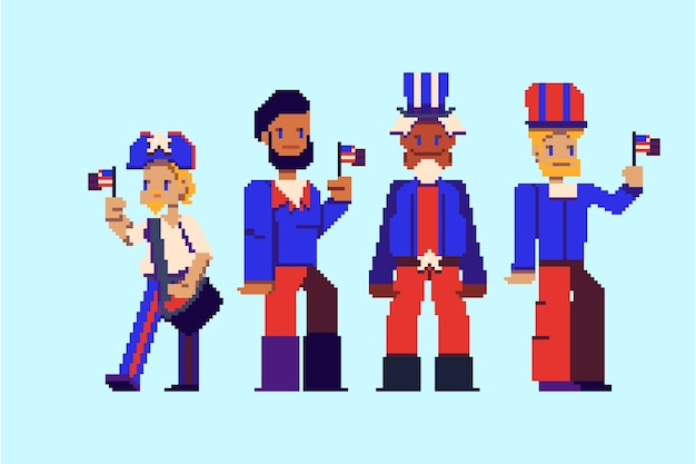 Vector flat pixel art 4th of july characters