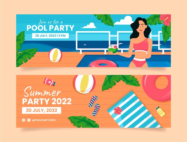 Flat pool party horizontale banners set