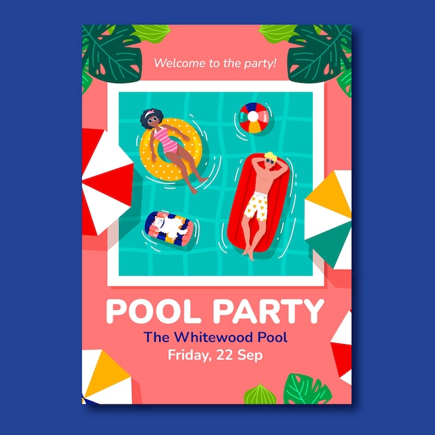 Flat pool party vertical poster template