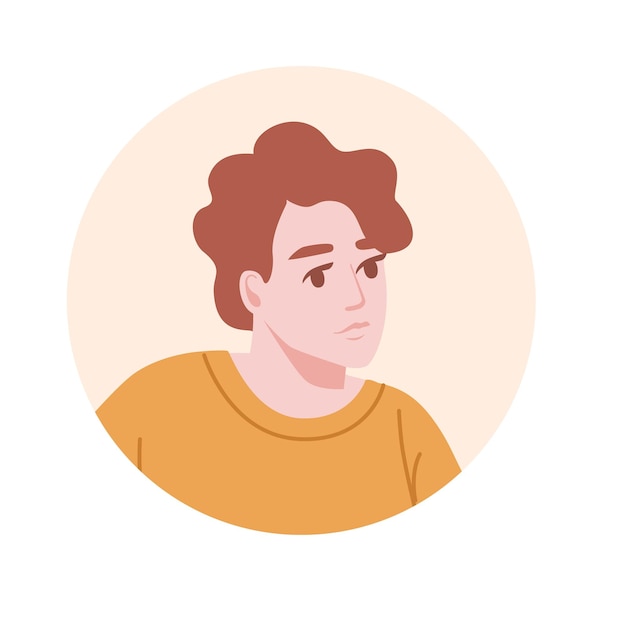 Icona avatar ritratto piatto per piattaforme social con giovane uomo su cerchio beige illustrazione vettoriale su sfondo bianco