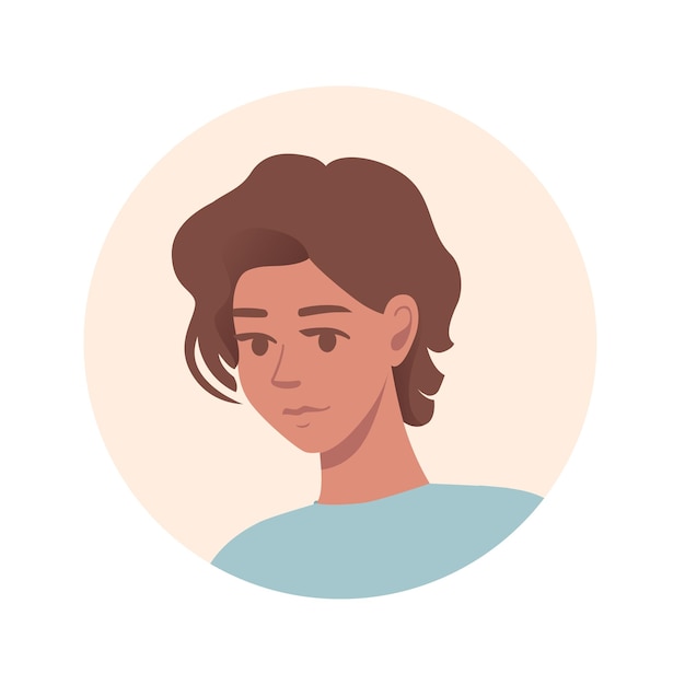 Flat portrait avatar icon for social platforms with young woman on beige circle vector illustration on white background