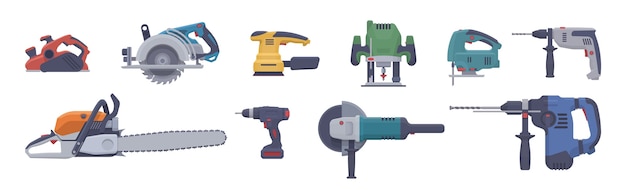 Flat power tool set. isolated electric tools.  illustration. collection