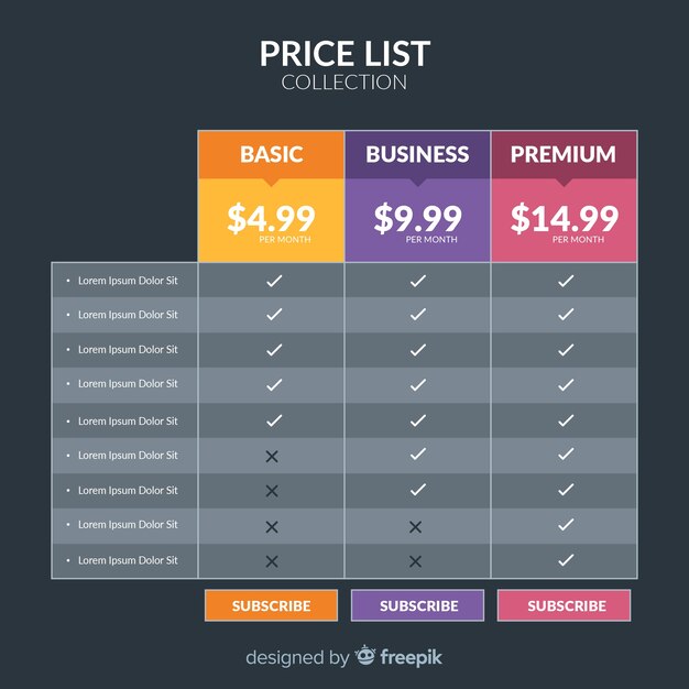 Vector flat price list collection