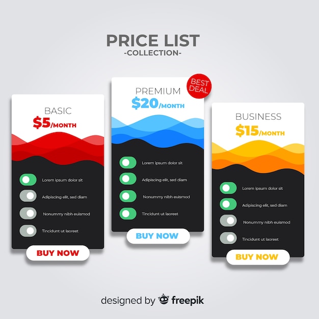 Vector flat price list collection