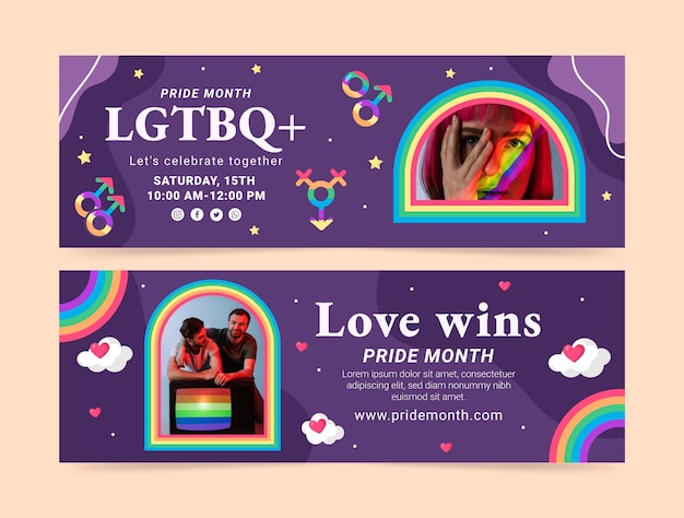 Flat pride month horizontal banners pack