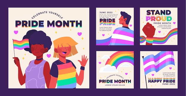 Flat pride month instagram posts collection