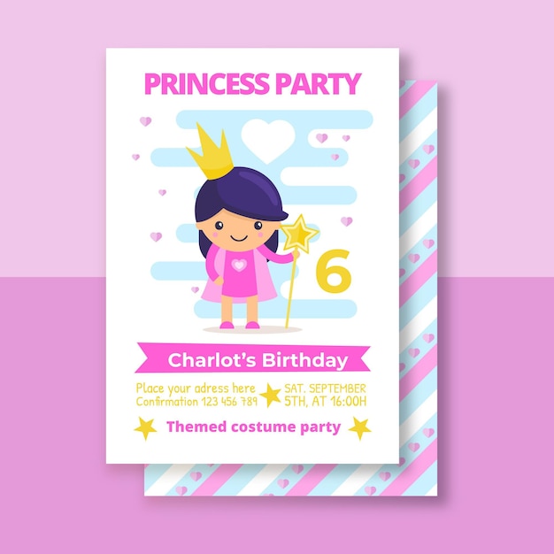 Vector flat princess birthday invitation template