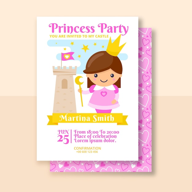 Vector flat princess birthday invitation template