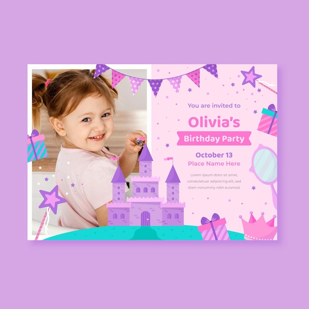 Flat princess birthday invitation with photo