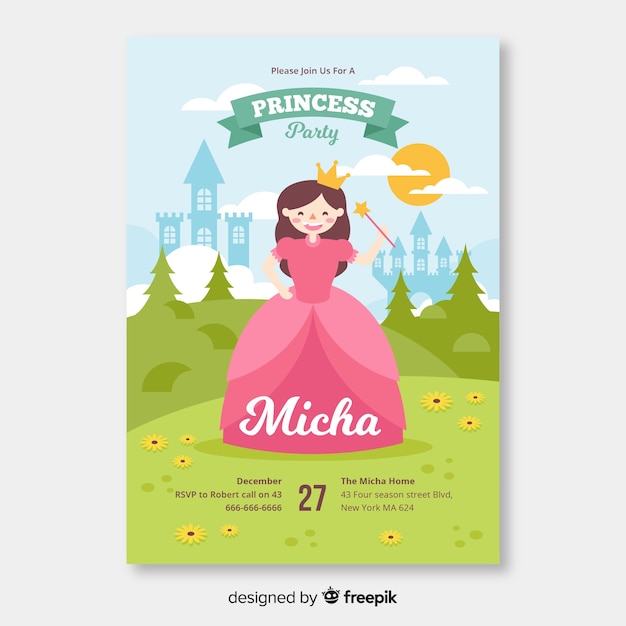 Flat princess party invitation template