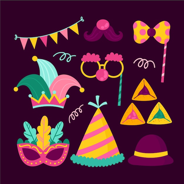 Vector flat purim elements collection