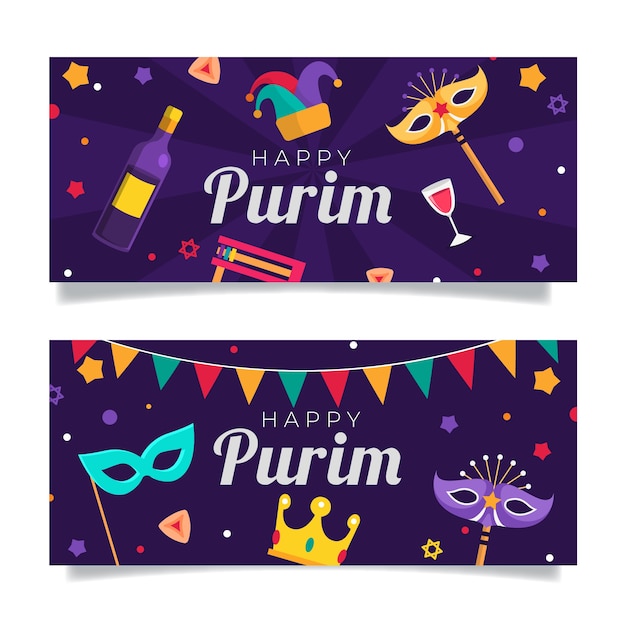 Vector flat purim horizontal banners set