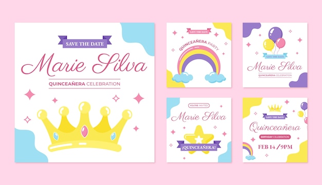 Collezione di post di instagram quinceanera piatta