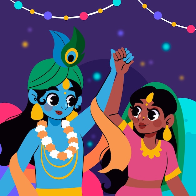 Flat radha en krishna illustratie voor holi festival viering.