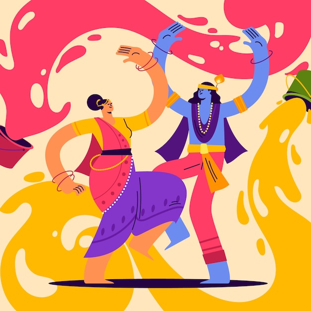 Vettore flat radha e krishna illustrazione per la celebrazione del festival di holi.